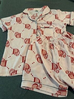 2 pc satin Dior themed Pajama Top and bottoms with Red Logo Dior Print